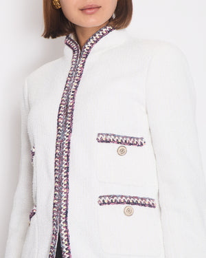 Chanel White Tweed Jacket with Blue and Pink Trim Details and CC Buttons Size FR 36 (UK 8)