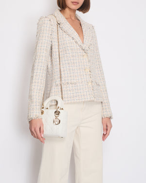 Chanel Beige Checked Tweed Jacket with Frayed Trim Edges and Daisy CC Logo Button Details Size FR 44 (UK 16)