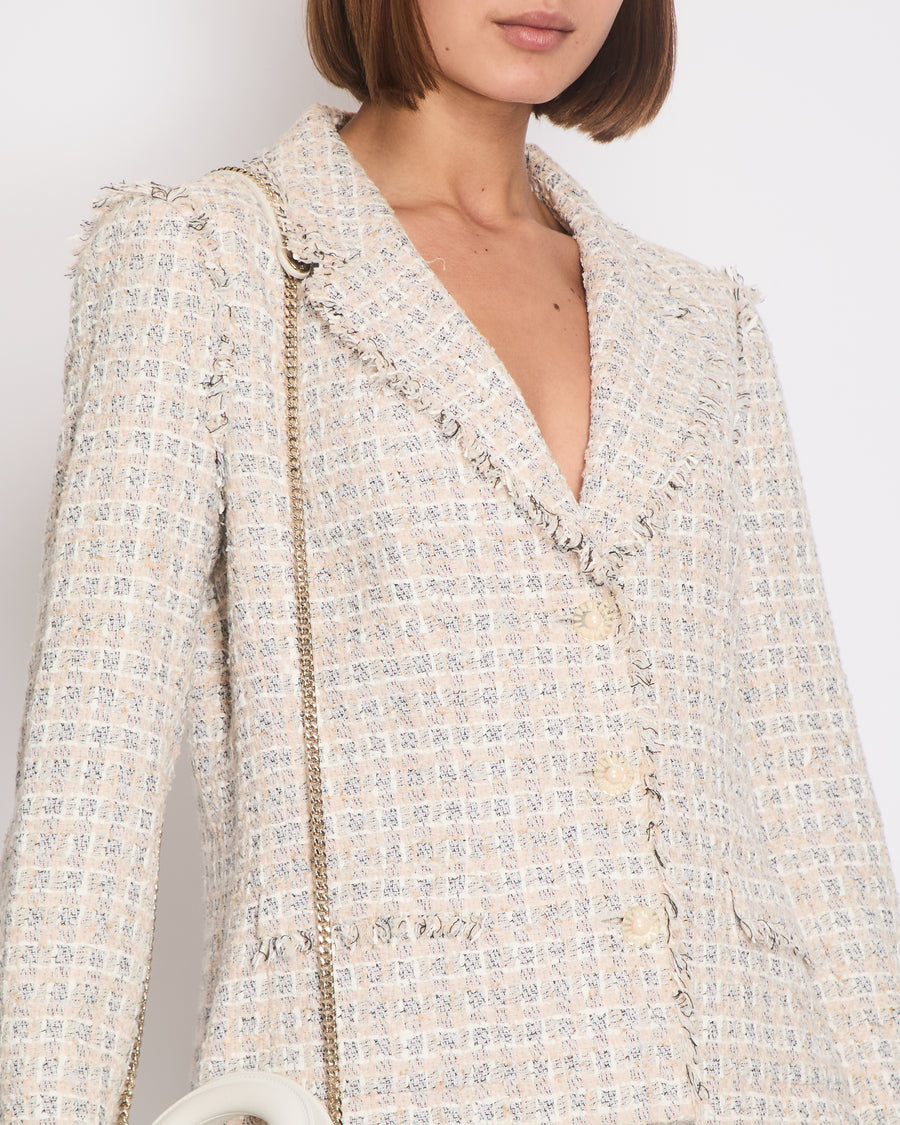 Chanel Beige Checked Tweed Jacket with Frayed Trim Edges and Daisy CC Logo Button Details Size FR 44 (UK 16)