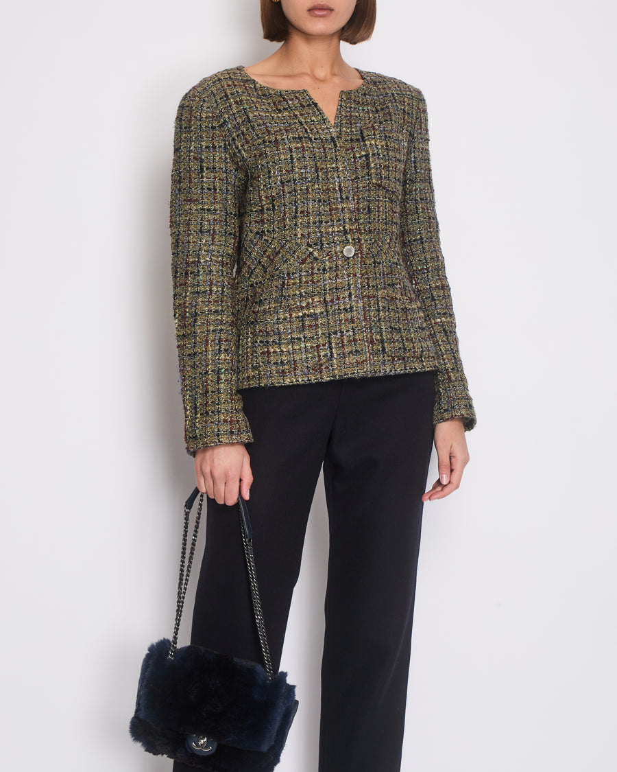 Chanel Khaki Green, Brown and Navy Checked Collarless Tweed Jacket with Front Pocket and Chanel Button Details Size FR 44 (UK 16)