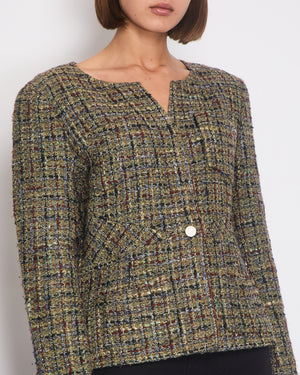 Chanel Khaki Green, Brown and Navy Checked Collarless Tweed Jacket with Front Pocket and Chanel Button Details Size FR 44 (UK 16)