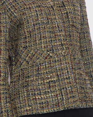 Chanel Khaki Green, Brown and Navy Checked Collarless Tweed Jacket with Front Pocket and Chanel Button Details Size FR 44 (UK 16)