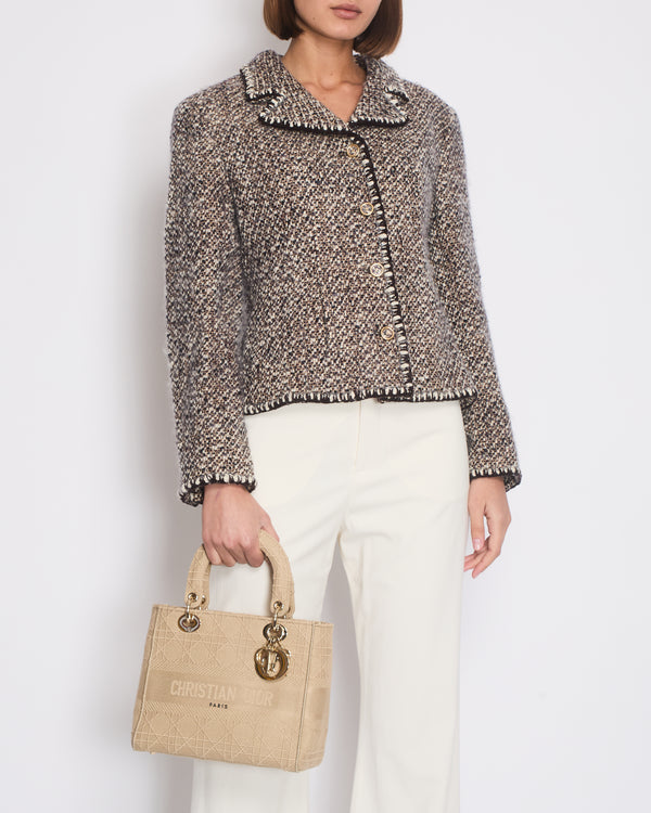 Chanel Brown, Beige and White Tweed Jacket with Transparent CC Logo Button Details Size FR 44 (UK 16)