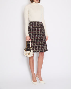 Chanel Red, Black and Gold Checked Tweed Skirt with a Black CC Crystal Logo Detail Size FR 44 (UK 16)