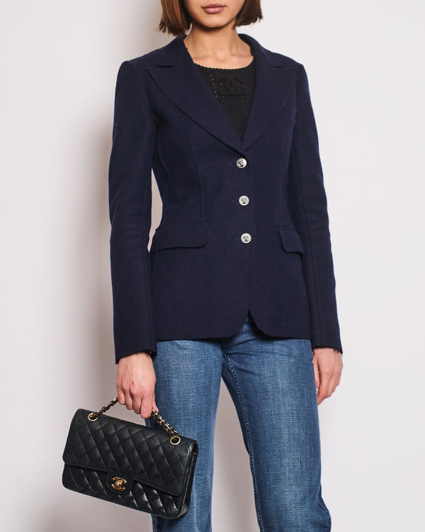 Chanel Navy Wool Blazer Jacket with Silver CC Button Detail FR 36 (UK 8)