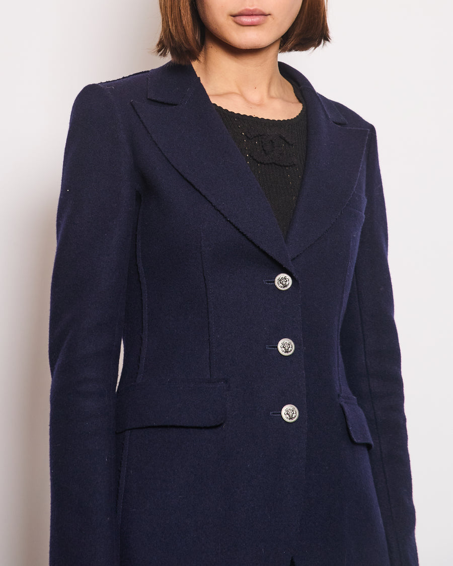 Chanel Navy Wool Blazer Jacket with Silver CC Button Detail FR 36 (UK 8)