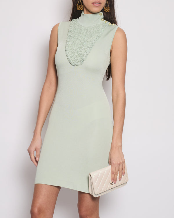 Chanel Baby Blue Textured Sleeveless Midi Dress with CC Pearl Button Details Size FR 36 (UK 8)