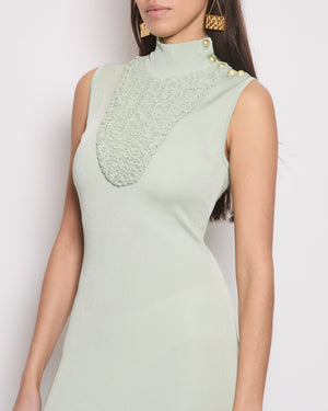 Chanel Pastel Green Textured Sleeveless Midi Dress with CC Pearl Button Details Size FR 36 (UK 8)