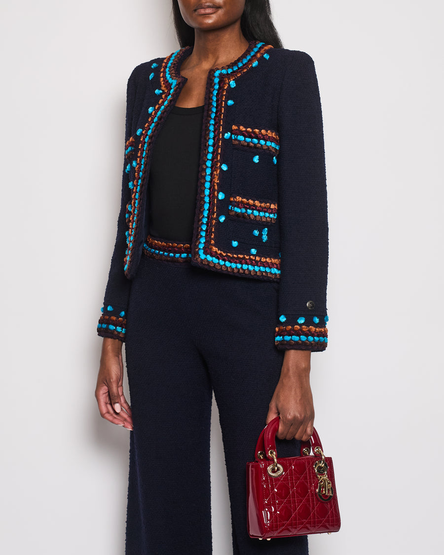 Chanel for Bergdorf Goodman AW/97 Navy Boucle Cropped Jacket with Matching Trousers Size FR 36 (UK 8)