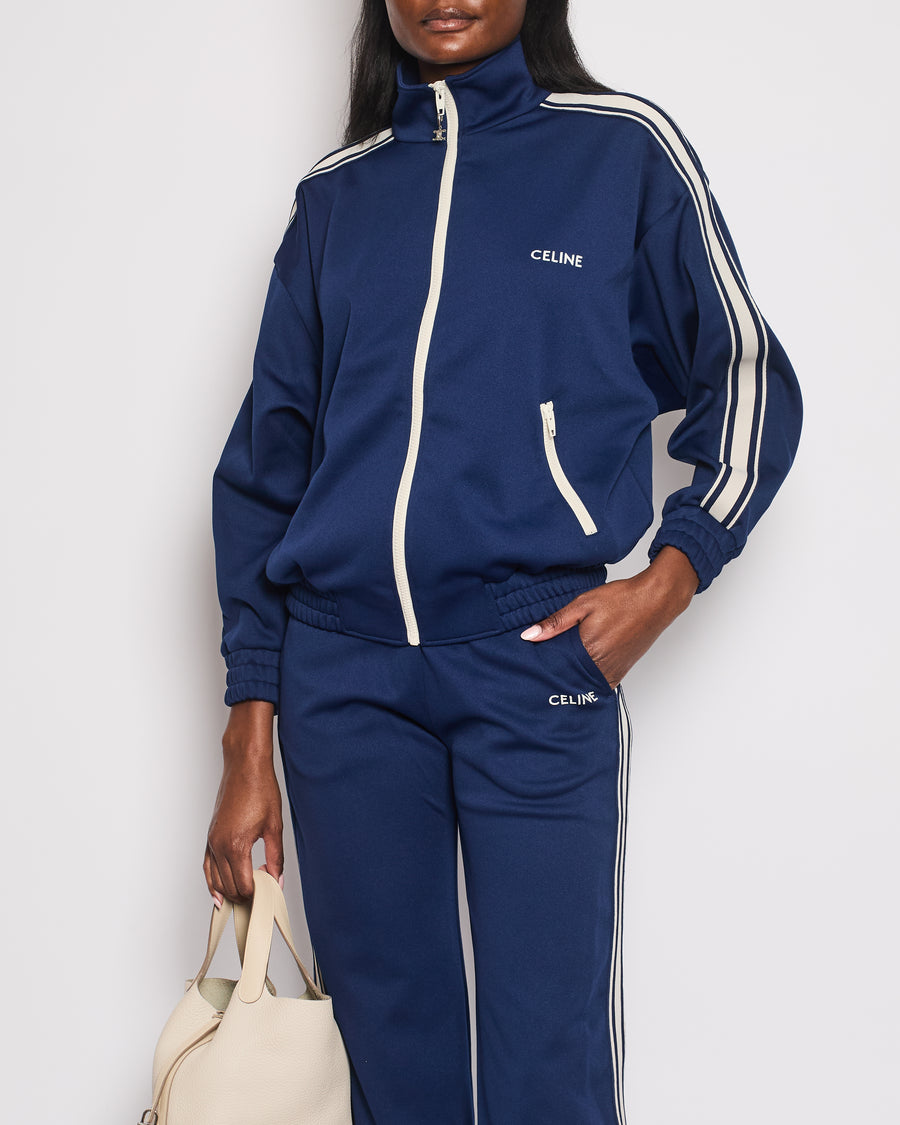 Celine Blue Two-Piece Tracksuit Set with Logo and Stripe Trim Size XS/S (UK 6/8)