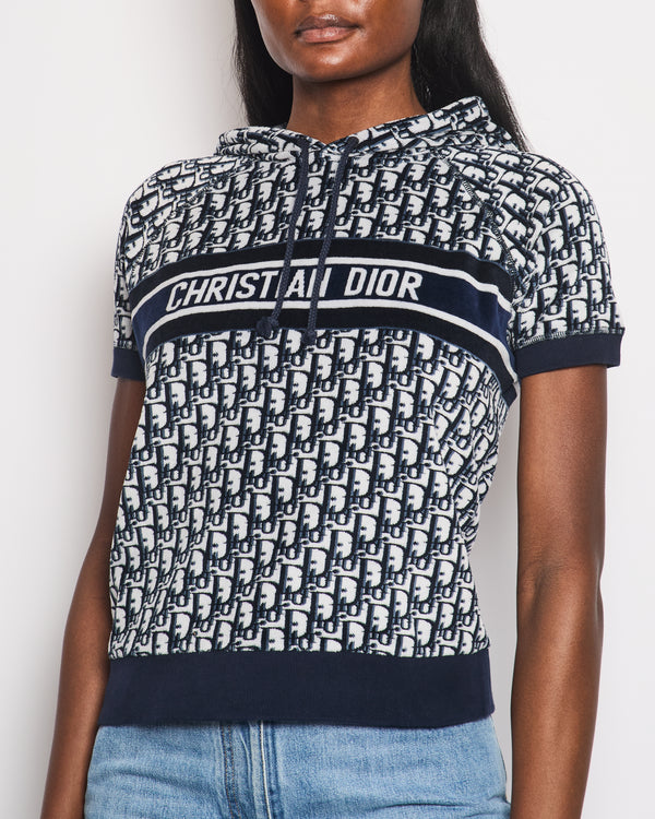 Christian Dior Blue Oblique Print Short Sleeve Hooded Towelling Top Size XS (UK 6)