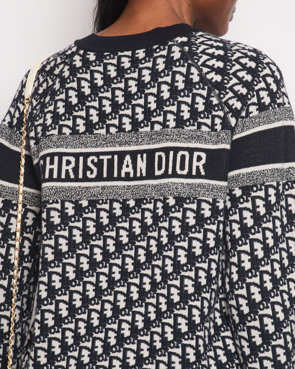 Christian Dior Blue Oblique Print Long Sleeve Jumper with Logo Detail Size FR 36 (UK 8)