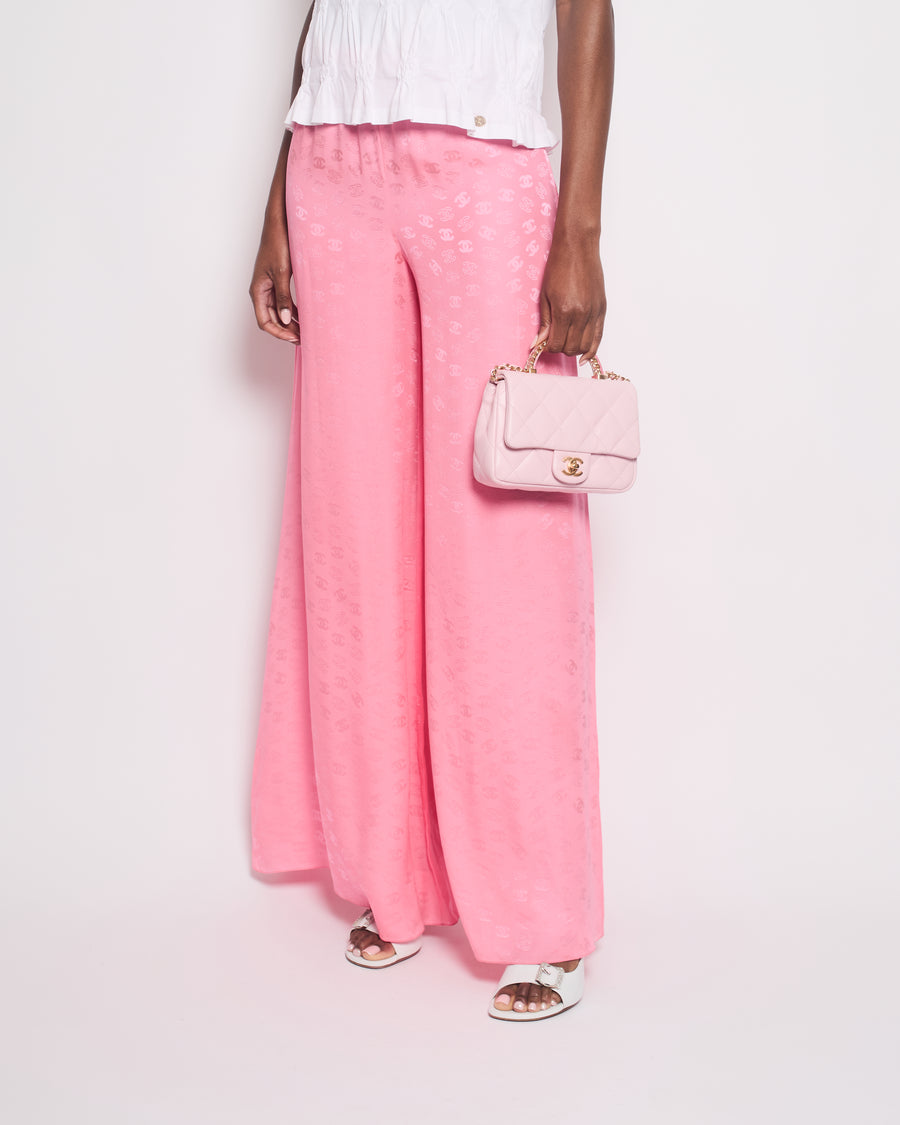 Chanel 24C Neon Pink Silk CC Printed Wide Leg Trousers Size FR 38 (UK 10) RRP £2600