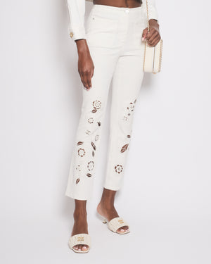 Chanel 24P White Denim Straight Leg Jeans with Pockets and Cut Out Floral Embroidery Size FR 36 (UK 8) RRP £2750