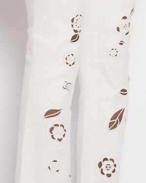 Chanel 24P White Denim Straight Leg Jeans with Pockets and Cut Out Floral Embroidery Size FR 36 (UK 8) RRP £2750