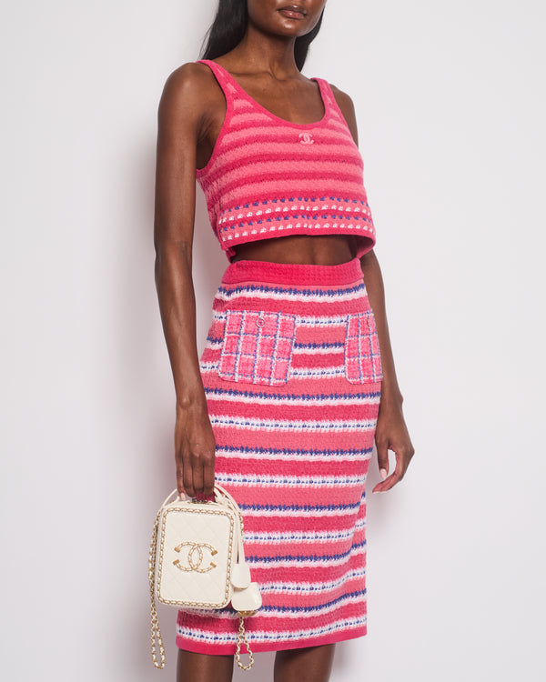 Chanel 24P Coral Pink, Blue and White Knitted Cropped Top and Skirt Set with Logo Detail and Tweed Pockets Size FR 36/34 (UK 8/6)