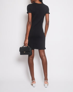 Chanel Black Short Sleeve Knitted Dress with Crystal CC Logo and Ruffle Hem Details Size FR 36 (UK 8)