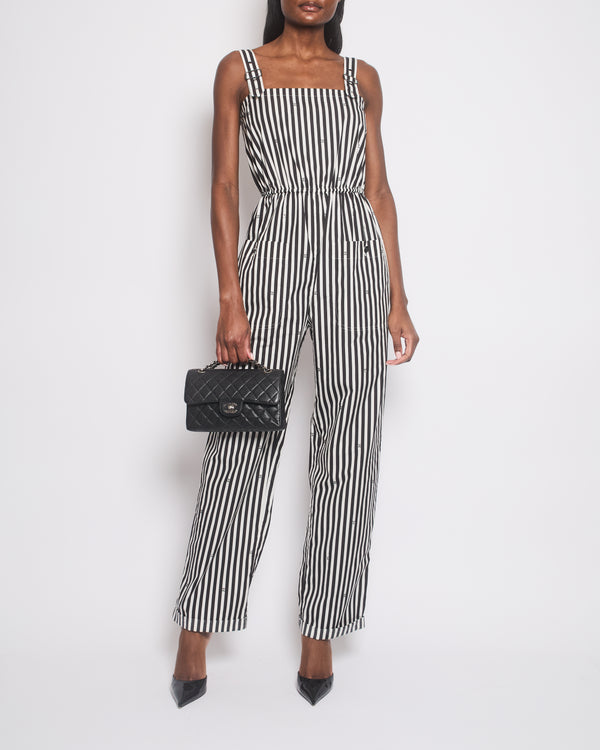 Chanel 24M Black and White Striped Cotton Jumpsuit with Crystal CC logo and Pockets Size FR 36 (UK 8) £3400