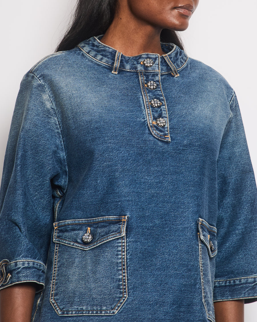 *HOT* Chanel 24S Denim Cropped Top with 3/4 Sleeves & Floral Crystal CC Buttons Detail Size FR 36 (UK 8) RRP £3,450