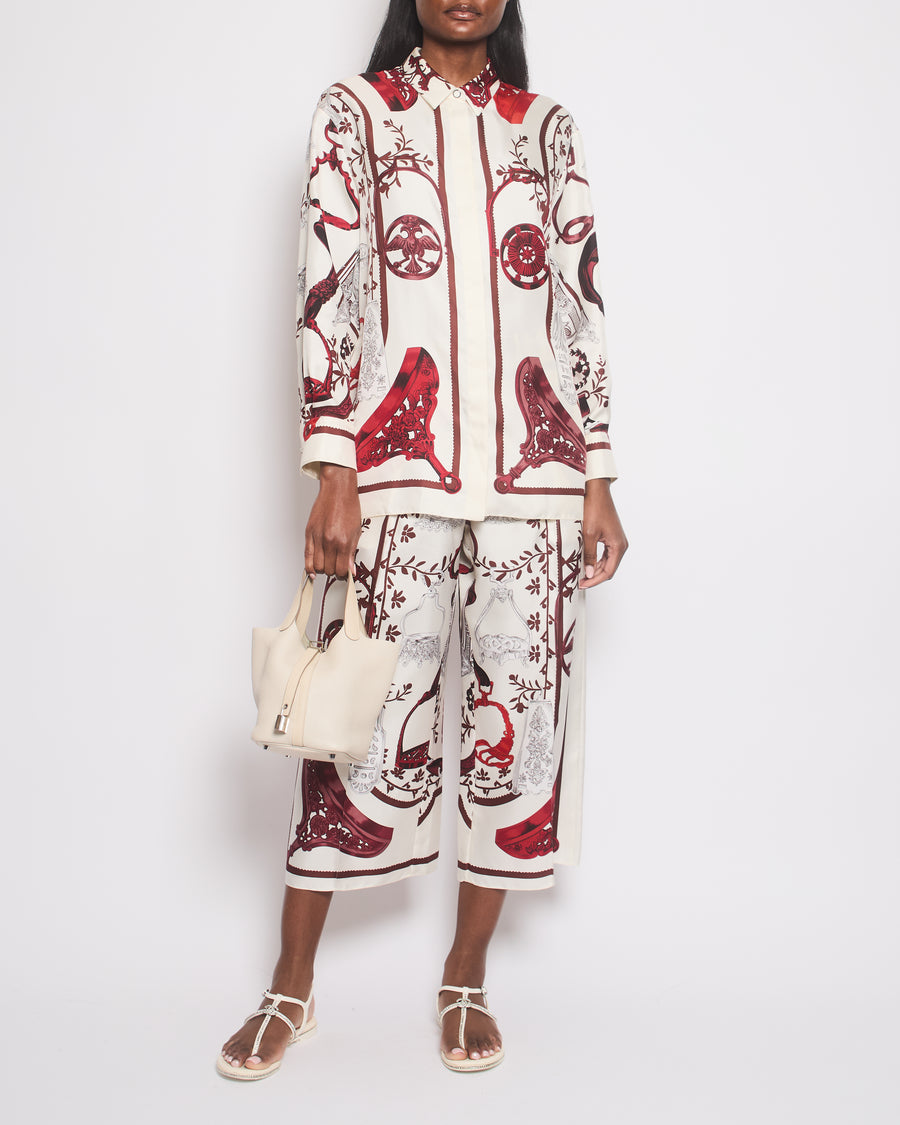 Hermès Cream and Red Etriers Printed Silk Shirt and Cropped Wide Trousers Set Size FR 38/40 (UK 10/12)