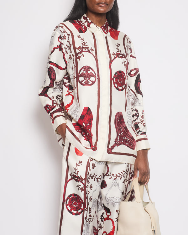 Hermès Cream and Red Etriers Printed Silk Shirt and Cropped Wide Trousers Set Size FR 38/40 (UK 10/12)