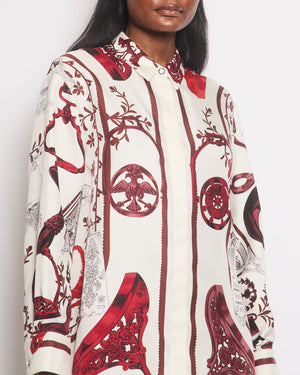 Hermès Cream and Red Etriers Printed Silk Shirt and Cropped Wide Trousers Set Size FR 38/40 (UK 10/12)