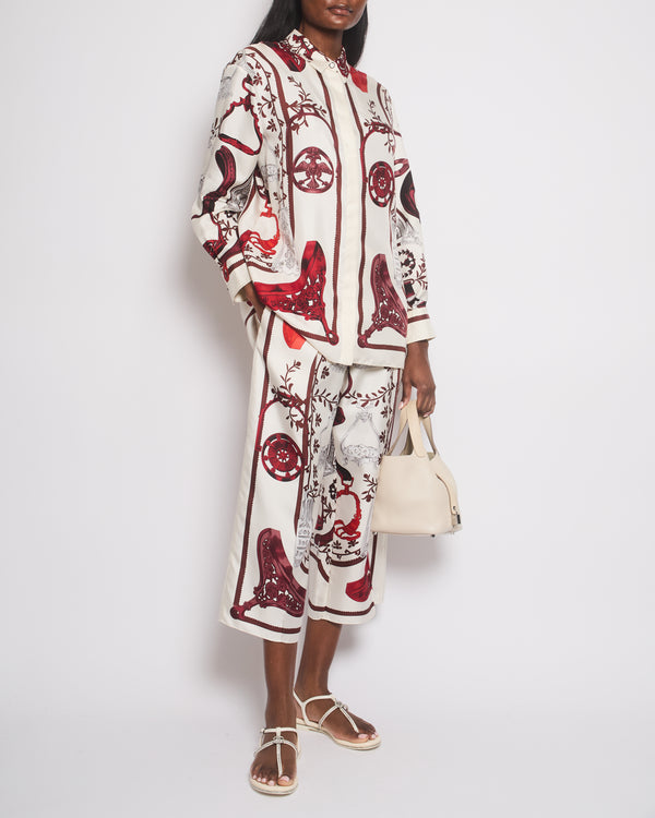 Hermès Cream and Red Etriers Printed Silk Shirt and Cropped Wide Trousers Set Size FR 38/40 (UK 10/12)