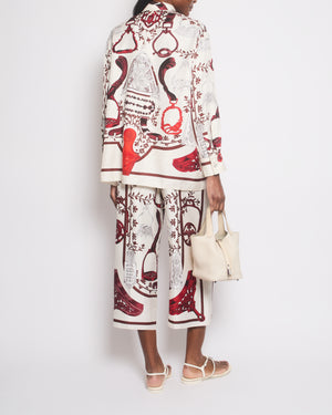 Hermès Cream and Red Etriers Printed Silk Shirt and Cropped Wide Trousers Set Size FR 38/40 (UK 10/12)