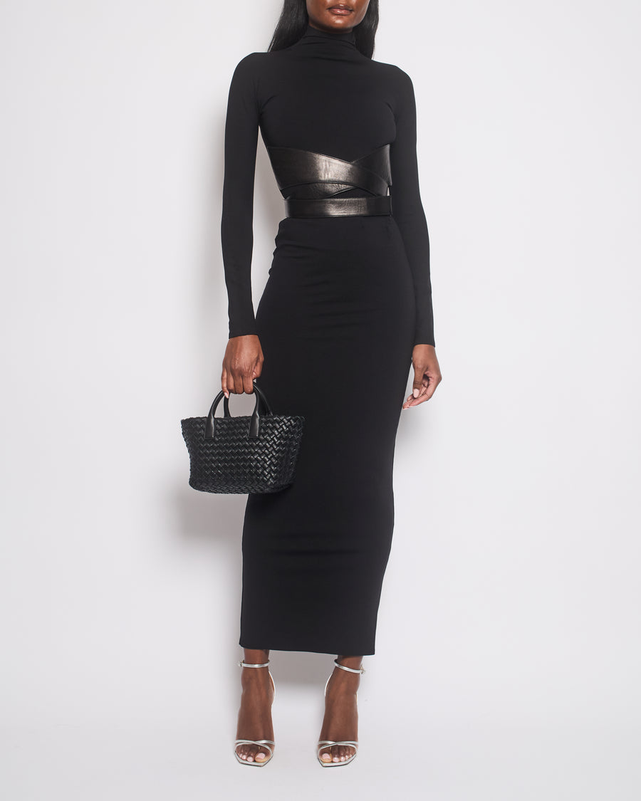 Alaïa Black Leather-Trimmed Long Sleeve Jersey Maxi Dress Size FR 36 (UK 8) RRP £2,640