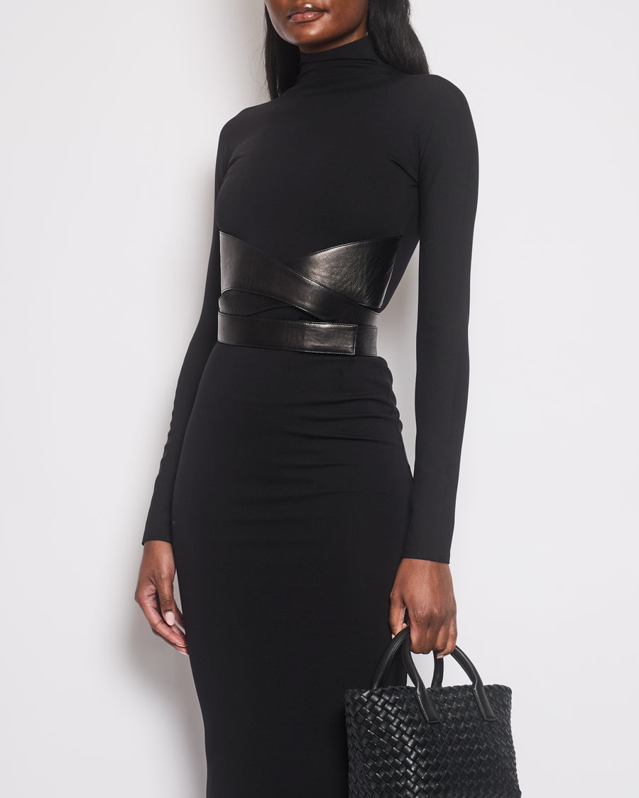 Alaïa Black Leather-Trimmed Long Sleeve Jersey Maxi Dress Size FR 36 (UK 8) RRP £2,640