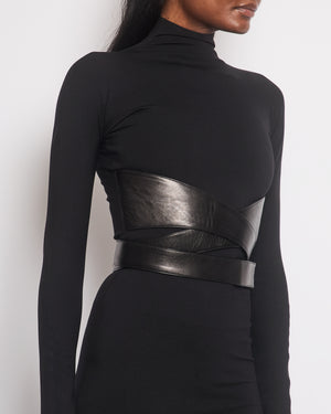 Alaïa Black Leather-Trimmed Long Sleeve Jersey Maxi Dress Size FR 36 (UK 8) RRP £2,640