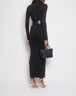 Alaïa Black Leather-Trimmed Long Sleeve Jersey Maxi Dress Size FR 36 (UK 8) RRP £2,640