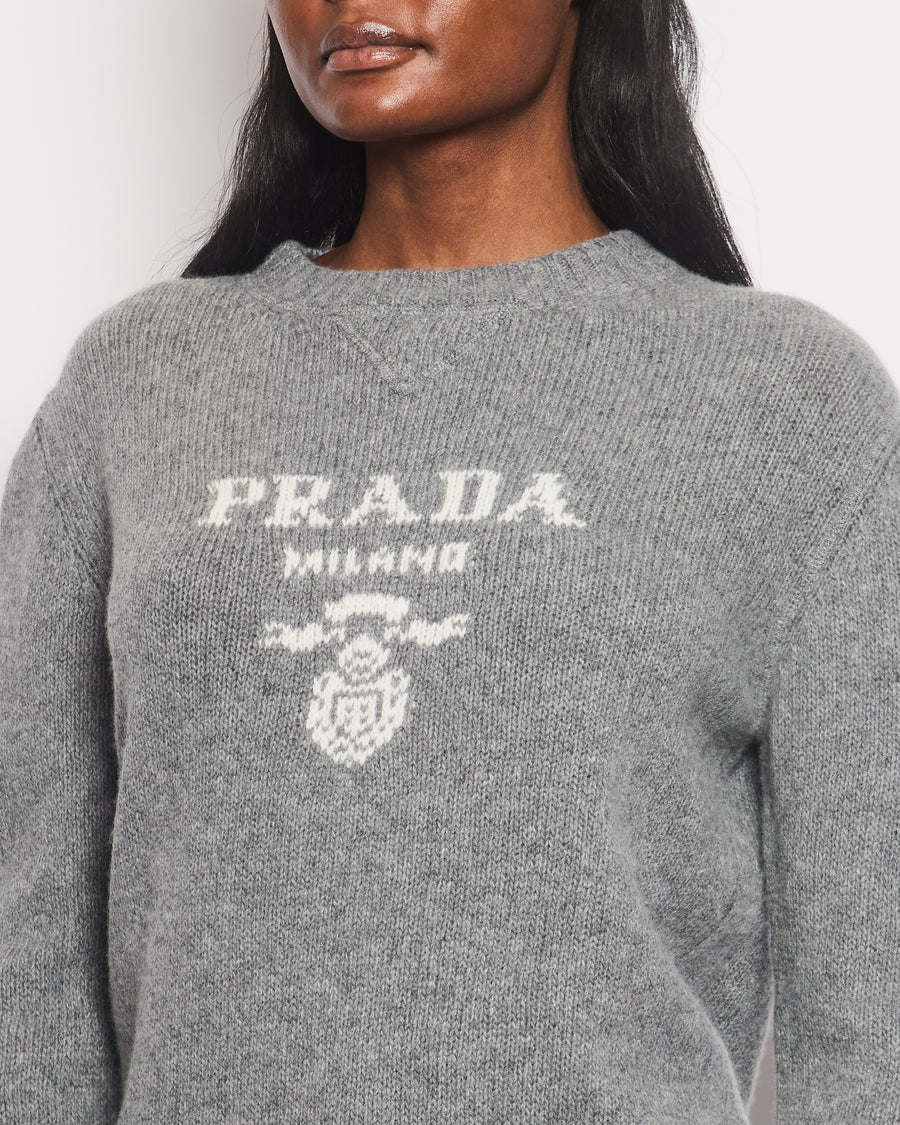 Prada Grey Wool Logo Long Sleeve Jumper Size IT 38 (UK 6)