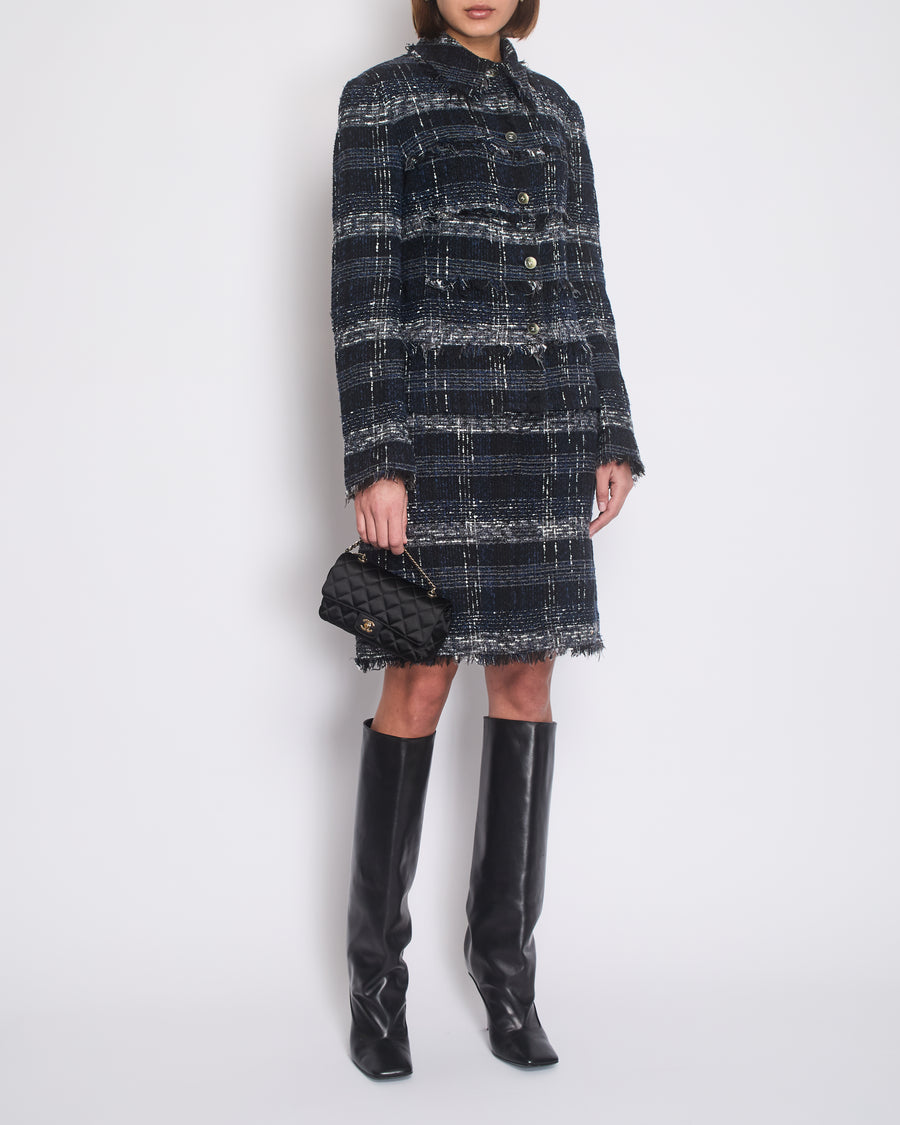 Chanel 05/P Navy, Black and Grey Checked Tweed Jacket and Skirt Set with Frills and CC Button Details Size FR 44 (UK 16)