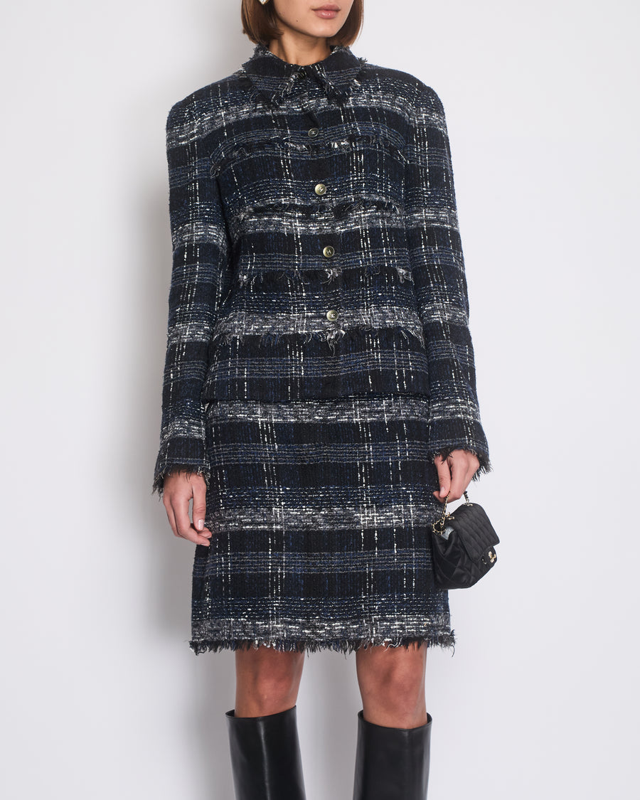 Chanel Navy, Black and Grey Checked Tweed Jacket and Skirt Set with Frills and CC Button Details Size FR 44 (UK 16)