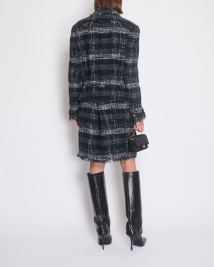 Chanel Navy, Black and Grey Checked Tweed Jacket and Skirt Set with Frills and CC Button Details Size FR 44 (UK 16)