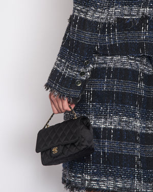 Chanel Navy, Black and Grey Checked Tweed Jacket and Skirt Set with Frills and CC Button Details Size FR 44 (UK 16)