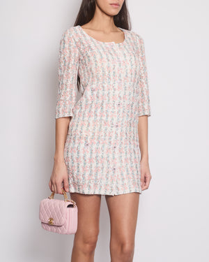 Chanel 23C Pink & White 3/4 Sleeve Dress with Floral Lace Detail & Crystal Buttons Size FR 34 (UK 6) RRP £5700