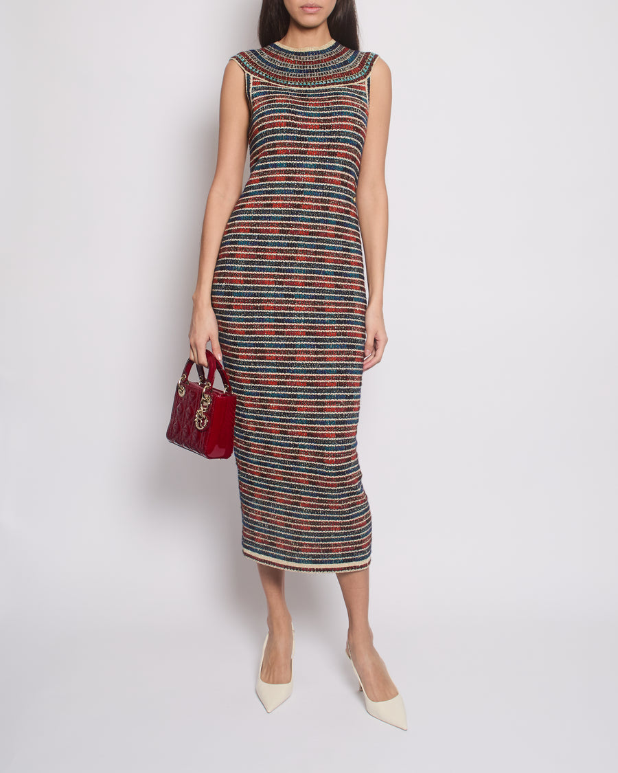 *RARE* Chanel 19A Egypt Collection Metallic Gold, Red and Blue Sleeveless Knitted Midi Dress Size FR 34 (UK 6) RRP £2,150