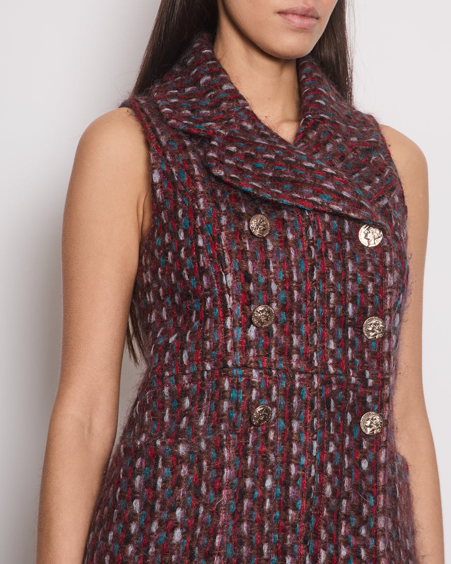 Chanel 16P Mohair Red & Blue Tweed Gilet Jacket With Bronze Button Detail Size FR 36 (UK 8)