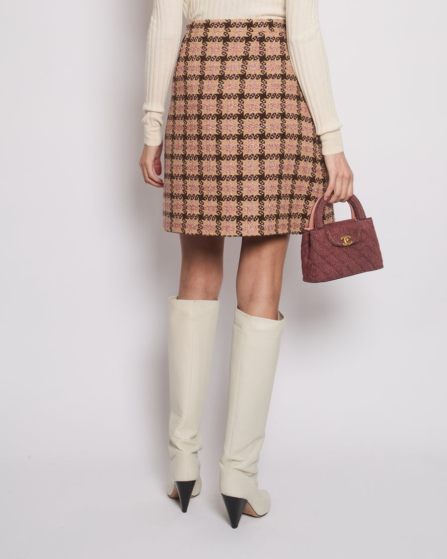 Gucci Brown Checked Lamé Tweed Mini Skirt Size IT 44 (UK 14)