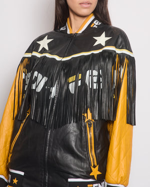 Fendi Yellow & Black Leather Jacked With Fringe & Logo Detail Size IT 40 (UK 8)