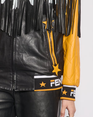 Fendi Yellow & Black Leather Jacked With Fringe & Logo Detail Size IT 40 (UK 8)