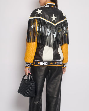 Fendi Yellow & Black Leather Jacked With Fringe & Logo Detail Size IT 40 (UK 8)