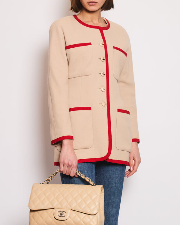 Chanel Vintage Wool Beige and Red Jacket with Gold CC Button Details Size FR 38 (UK 10)