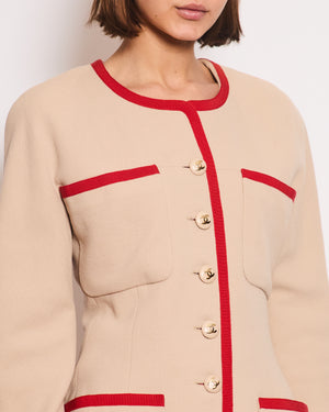 Chanel Vintage Wool Beige and Red Jacket with Gold CC Button Details Size FR 38 (UK 10)