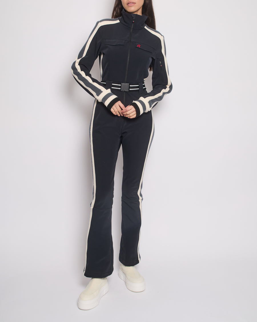 Perfect Moment Black One-Piece Ski Suit with Striped Knitted Trim Detail Size S (UK 8)