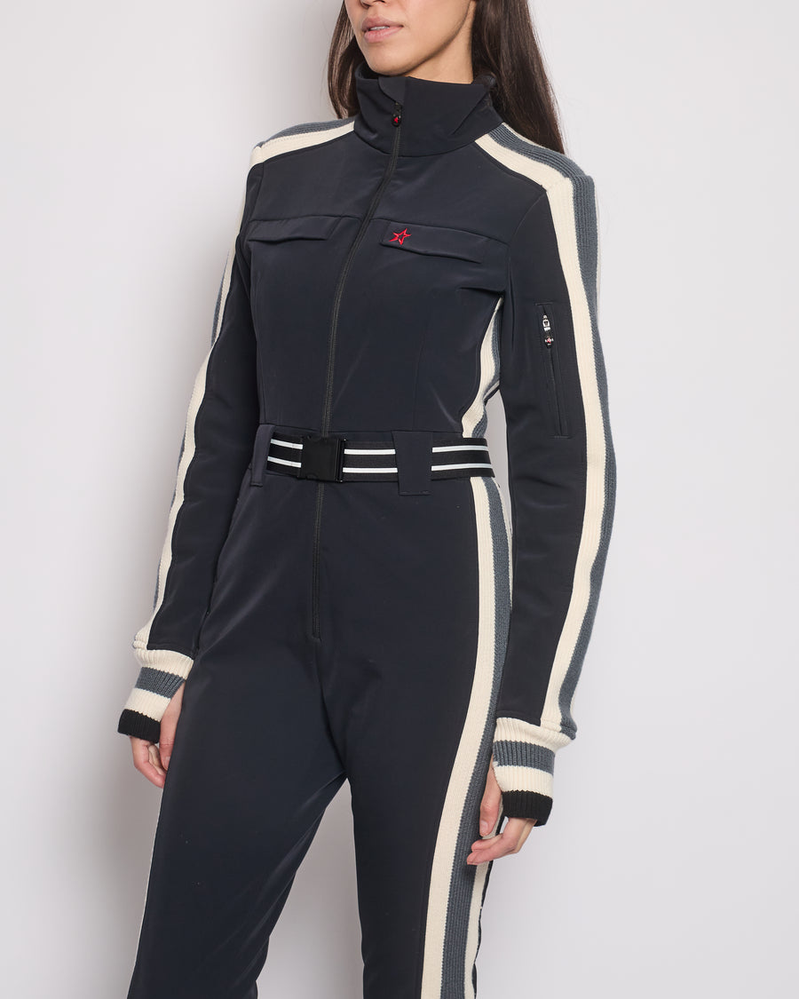 Perfect Moment Black One-Piece Ski Suit with Striped Knitted Trim Detail Size S (UK 8)