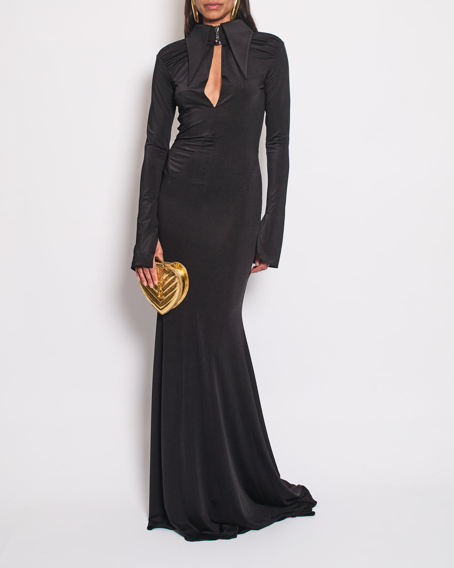 16 Arlington Black Long Sleeve Gown with Long Collar and Trail Detail Size UK 10 Rrp £1100