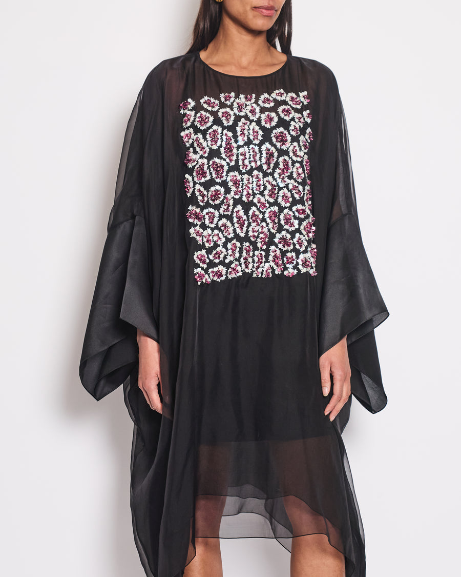 Christian Dior Black Long Sleeve Cape Dress with Pink Sequins Floral Detail Size FR 38 (UK 10)RRP4500£